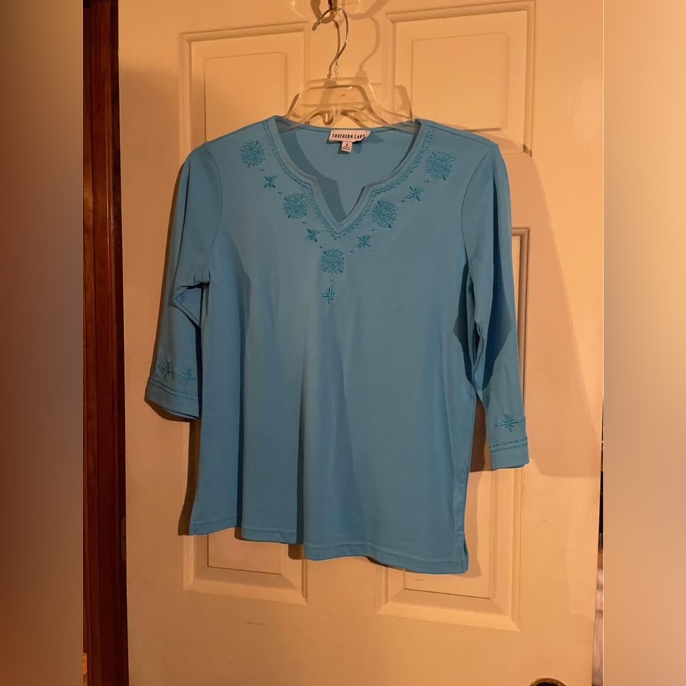 Southern Lady Light Blue Embroidered Blouse